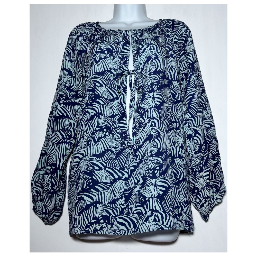 Lauren Gold Zebra Print Silk Top Size XS Blue Boho Beach Vacation